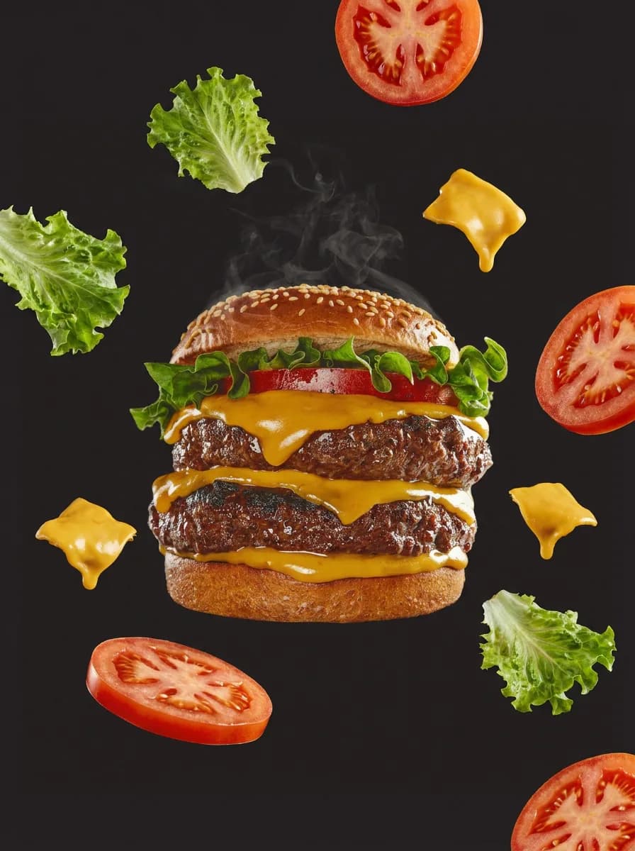 Mishi smashed burger surrounded by floating lettuce, tomato and cheddar