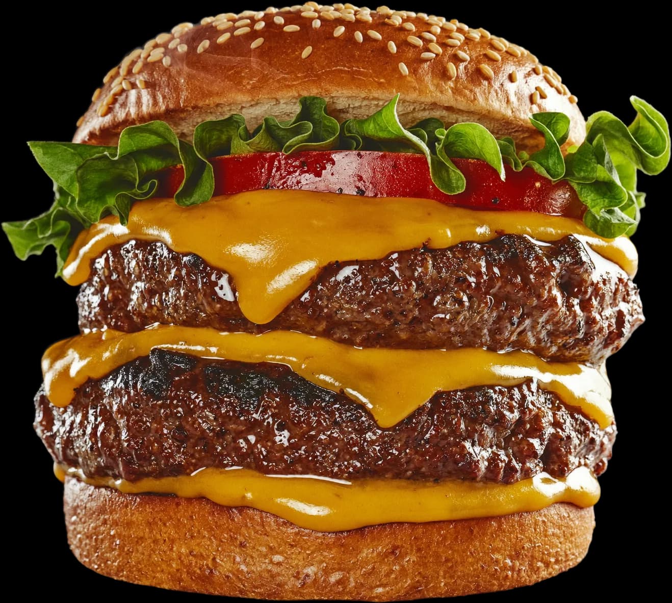 Towering smashed cheeseburger with molten cheddar dripping over two caramelized patties