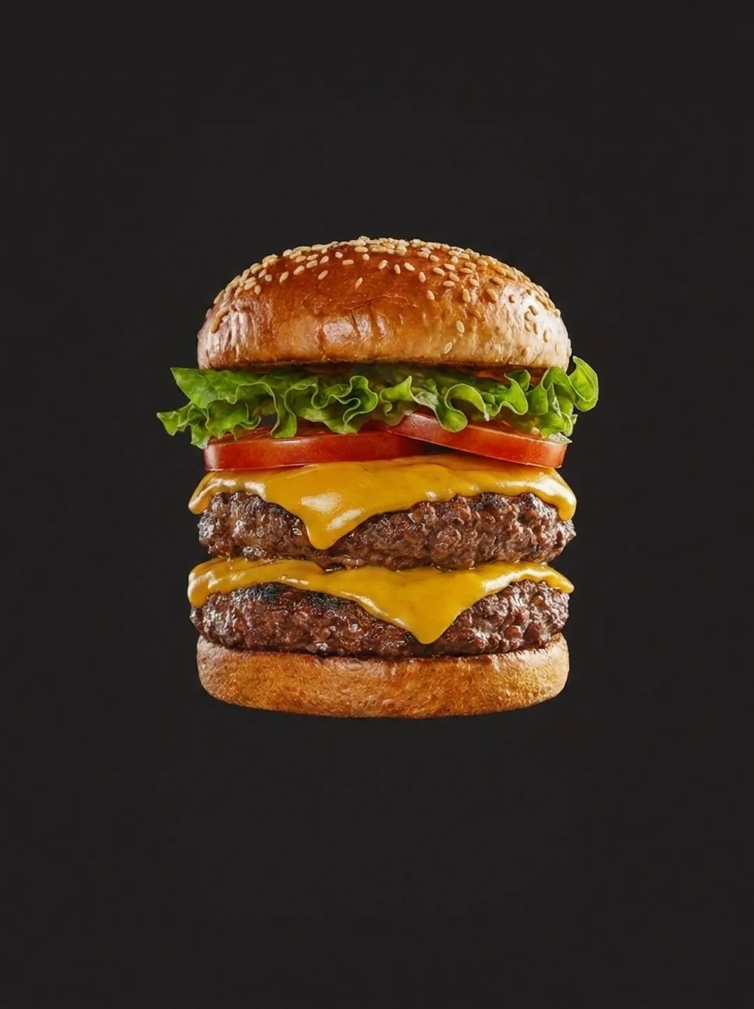Fully assembled MISHI smashed burger with sesame crown, lettuce, tomato, cheddar and two patties